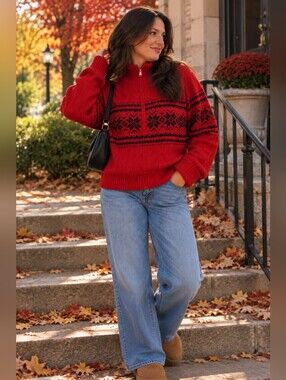Lauren Ralph Lauren Fair Isle Full Zip Sweater Red XL 60% Cotton